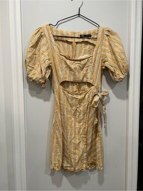 Zara Mustard and White Striped Puff-Sleeve Mini Dress